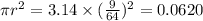 \pi r^2 = 3.14 \times ( \frac{9}{64})^2=0.0620