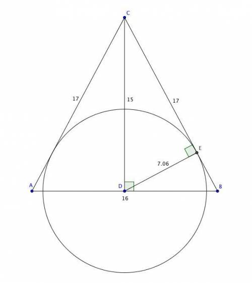 A semicircle is inscribed in an isosceles triangle with base 16 and height 15 so that the

diameter