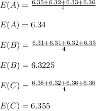 E ( A ) = \frac{6.35 +6.32+6.33+6.36}{4} \\\\E ( A ) = 6.34\\\\E ( B ) = \frac{6.31 +6.31+6.32+6.35}{4} \\\\E ( B ) = 6.3225\\\\E ( C ) = \frac{6.38 +6.32+6.36+6.36}{4} \\\\E ( C ) = 6.355\\
