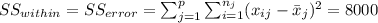 SS_{within}=SS_{error}=\sum_{j=1}^p \sum_{i=1}^{n_j} (x_{ij}-\bar x_j)^2 =8000