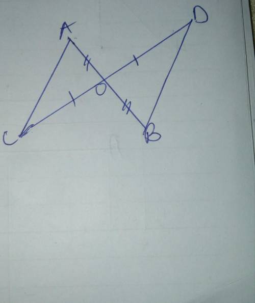 In the figure, O is the mid-point of AB and CD, prove that AC = BD