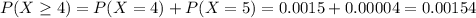P(X \geq 4) = P(X = 4) + P(X = 5) = 0.0015 + 0.00004 = 0.00154