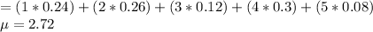 =(1*0.24)+(2*0.26)+(3*0.12)+(4*0.3)+(5*0.08)\\\mu=2.72