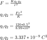 F = \frac{Kq_1q_2}{r^2} \\\\q_1q_2 = \frac{Fr^2}{K} \\\\q_1q_2 = \frac{120*0.5^2}{8.99*10^9} \\\\q_1q_2 = 3.337*10^{-9} \ C^2