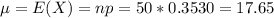 \mu = E(X) = np = 50*0.3530 = 17.65