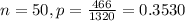n = 50, p = \frac{466}{1320} = 0.3530