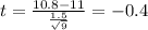 t=\frac{10.8-11}{\frac{1.5}{\sqrt{9}}}=-0.4