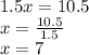 1.5x = 10.5 \\  x =  \frac{10.5}{1.5 }  \\ x = 7