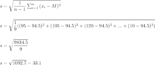 s=\sqrt{\dfrac{1}{n-1}\sum_{i=1}^n\,(x_i-M)^2}\\\\\\s=\sqrt{\dfrac{1}{9}((95-94.5)^2+(105-94.5)^2+(120-94.5)^2+. . . +(10-94.5)^2)}\\\\\\s=\sqrt{\dfrac{9834.5}{9}}\\\\\\s=\sqrt{1092.7}=33.1\\\\\\