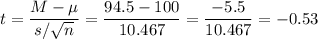 t=\dfrac{M-\mu}{s/\sqrt{n}}=\dfrac{94.5-100}{10.467}=\dfrac{-5.5}{10.467}=-0.53