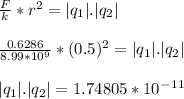 \frac{F}{k}*r^2 =| q_1|.|q_2| \\\\\frac{0.6286}{8.99*10^9}*(0.5)^2 = | q_1|.|q_2| \\\\ | q_1|.|q_2| = 1.74805 * 10^-^1^1