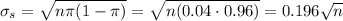 \sigma_s=\sqrt{n\pi(1-\pi)}=\sqrt{n(0.04\cdot 0.96)}=0.196\sqrt{n}