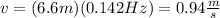 v=(6.6m)(0.142Hz)=0.94\frac{m}{s}