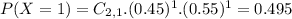 P(X = 1) = C_{2,1}.(0.45)^{1}.(0.55)^{1} = 0.495