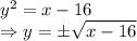 y^2 =x- 16\\\Rightarrow y =\pm \sqrt{x- 16}
