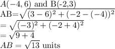 A(-4,6)$ and B(-2,3)\\AB=\sqrt{(3-6)^2+(-2-(-4))^2}\\=\sqrt{(-3)^2+(-2+4)^2} \\=\sqrt{9+4}\\AB=\sqrt{13}$ units
