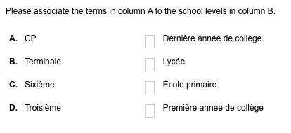 Associate the terms in column a to the school levels in column b.