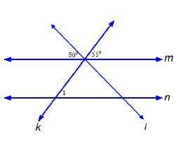 Lines m and n are parallel. what is angle 1?  35 degrees 50 degrees 55