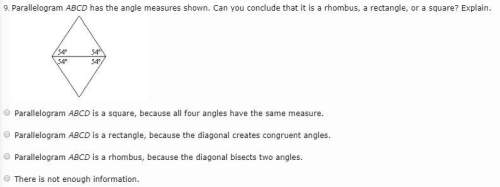 parallelogram abcd has the angle measures shown. can you conclude that it is a rhombus, a rec
