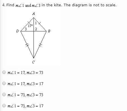 Find m&lt; 1 and m&lt; 3 in the kite. the diagram is not to scale.