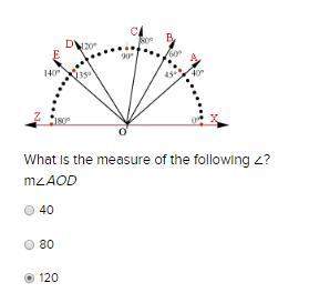 What is the measure of the following ∠?  m∠aod 40 80 120