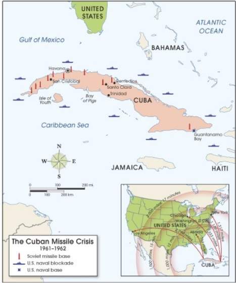 According to this map, how did the united states answer the soviet threat of missiles in cuba?