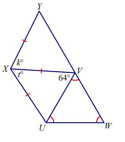 "if triangle vuw is equiangular, find k and t a. k = 62 , t = 74 b. k = 64, t = 52