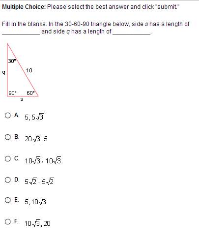 Fill in the blanks. in the 30-60-90 triangle below, side s has a length of and side q has a length