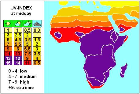 The map above shows uv radiation levels in africa and the middle east. depletion of the ozone layer