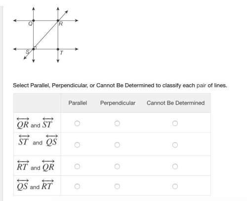 Use this image to classify each pair of lines.  select parallel, perpendicular, or canno