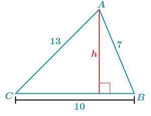 In △abc, ac = 13, ab = 7, bc = 10, and h is the height.remember that the area of a triangle with hei