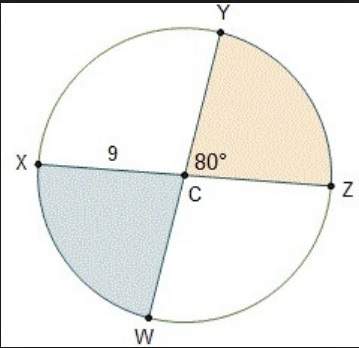 The measure of a central angle ycz is 80 degrees. what is the sum of the areas of the two shadded se