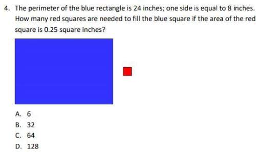 The perimeter of the blue rectangle is 24 inches; one side is equal to 8 inches. how many red squar