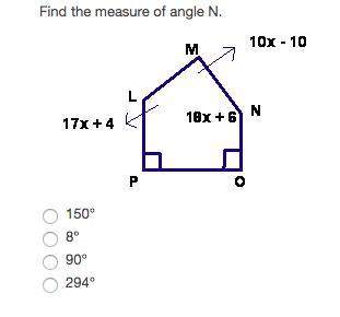 Find the measure of angle n. a. 150° b. 8° c . 90° d