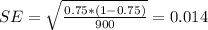 SE= \sqrt{\frac{0.75* (1-0.75)}{900}}= 0.014