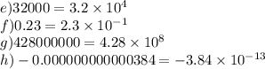 e)32 000=3.2 \times 10^{4}\\f)0.23=2.3 \times 10^{-1}\\g)428000000=4.28 \times 10^{8}\\h)-0.000000000000384=-3.84 \times 10^{-13}