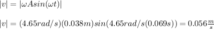 |v|=|\omega A sin(\omega t)|\\\\|v|=(4.65rad/s)(0.038m)sin(4.65rad/s (0.069s))=0.056\frac{m}{s}