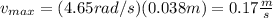 v_{max}=(4.65rad/s)(0.038m)=0.17\frac{m}{s}