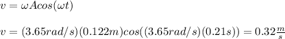 v=\omega Acos(\omega t)\\\\v=(3.65rad/s)(0.122m)cos((3.65rad/s)(0.21s))=0.32\frac{m}{s}