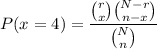 $ P(x = 4) =  \frac{\binom{r}{x} \binom{N - r}{n - x}}{\binom{N}{n}} $