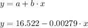y = a + b \cdot x \\\\y = 16.522 - 0.00279 \cdot x