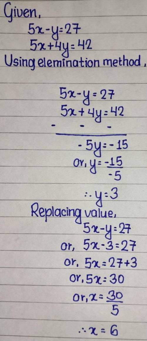 use the elimination method to solve the system of equations. Choose the correct ordered pair. 5x-y=2