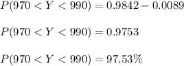P(970 < Y < 990) = 0.9842 -  0.0089\\\\P(970 < Y < 990) = 0.9753 \\\\P(970 < Y < 990) = 97.53 \%