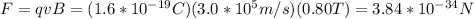 F=qvB=(1.6*10^{-19}C)(3.0*10^5m/s)(0.80T)=3.84*10^{-34}N