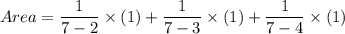 Area=\dfrac{1}{7-2}\times (1)+\dfrac{1}{7-3}\times (1)+\dfrac{1}{7-4}\times (1)