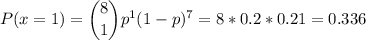 P(x=1) = \dbinom{8}{1} p^{1}(1-p)^{7}=8*0.2*0.21=0.336\\\\\\