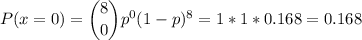 P(x=0) = \dbinom{8}{0} p^{0}(1-p)^{8}=1*1*0.168=0.168\\\\\\