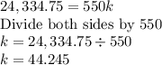 24,334.75=550k\\$Divide both sides by 550$\\k=24,334.75 \div 550\\k=44.245