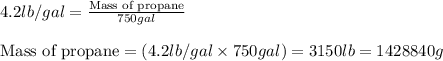4.2lb/gal=\frac{\text{Mass of propane}}{750gal}\\\\\text{Mass of propane}=(4.2lb/gal\times 750gal)=3150lb=1428840g