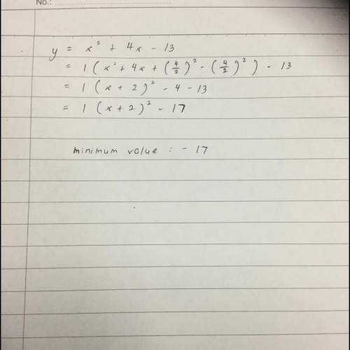 Use completing the square to rewrite y=x^2+4x-13 in vertex form. Identify the maximum or minimum val